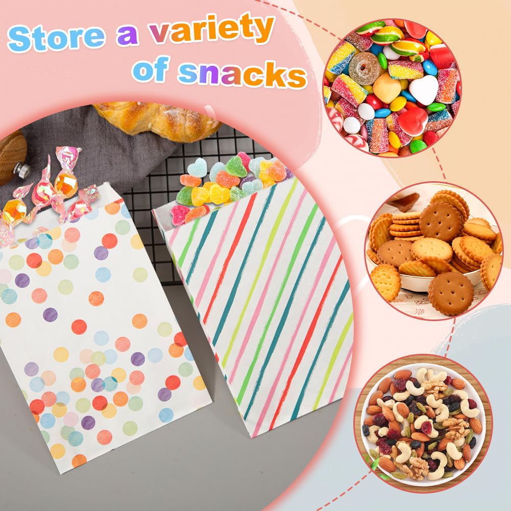 AMFUN 50 Pezzi Sacchettini Compleanno Bambini, Bustine Regalini Fine Festa Bambini, Sacchetti di Carta Resistente all'Olio con 60 Adesivis per Matrimoni, Natale, Feste, 19 * 13cm