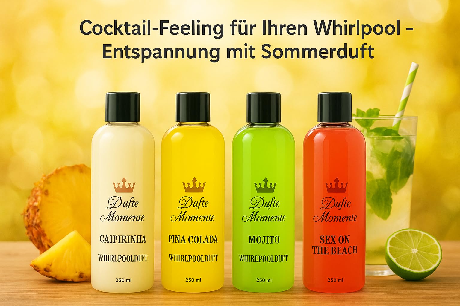 Dufte Momente | Whirlpool Duft 4 x 250ml - Caipirinha, Mojito, Pina Colada, Sex on the Beach | Badezusatz | mit naturreinen und natürlichen ätherischen Ölen | kein Schaum | vegan und ohne Tierversuche