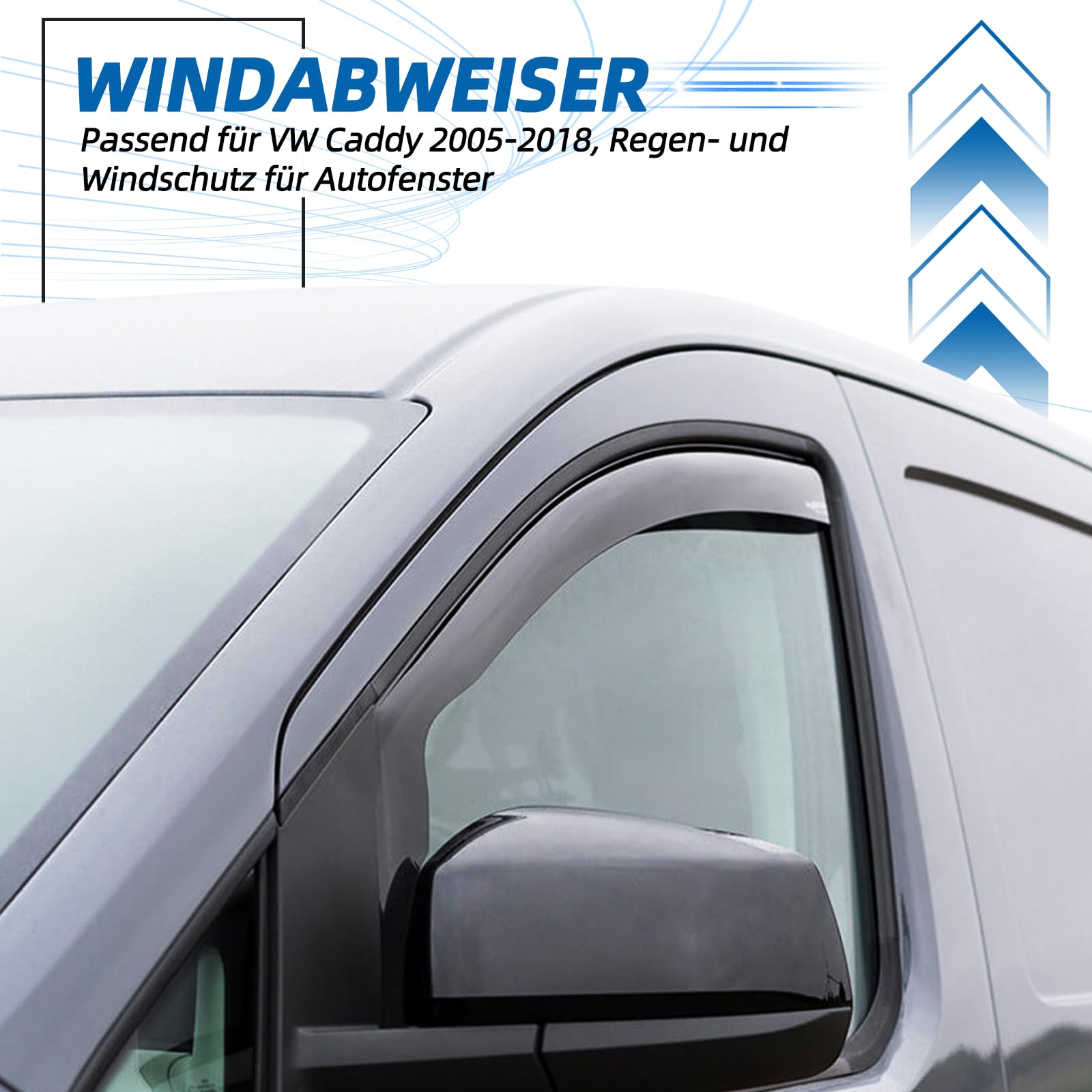 Zweiteiliger Fenster-Regenabweiser für Volkswagen Caddy(2005–2018). Einteiliger Windabweiser, Regen- und Windabweiser, einfach zu montieren, Schwarz