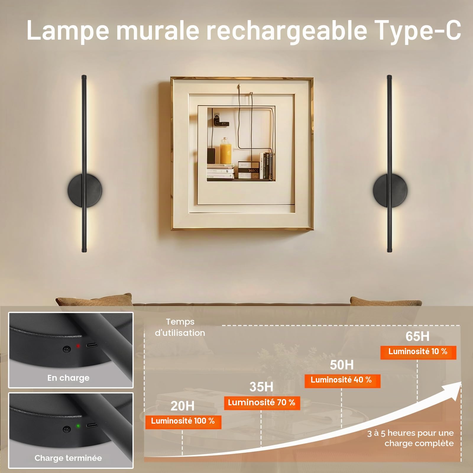 Ketom Lot de 2 Applique Murale Intérieure Rechargeable, Lampe Murale Sans Fil Noir, Luminaire Mural avec Télécommande, 3 Températures de Couleur & Dimmable, Minuterie