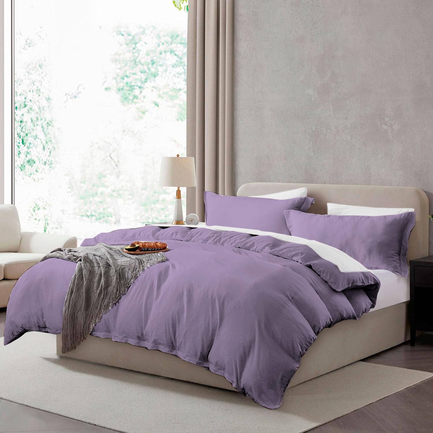 Hearth & Harbor Twin Duvet Cover Set - Twin/Twin XL Soft Prewashed Grayish Purple Duvet Cover, 2 Piece Set with Zipper Closure, 1 Duvet Cover 68x90 inches and 1 Pillow Sham