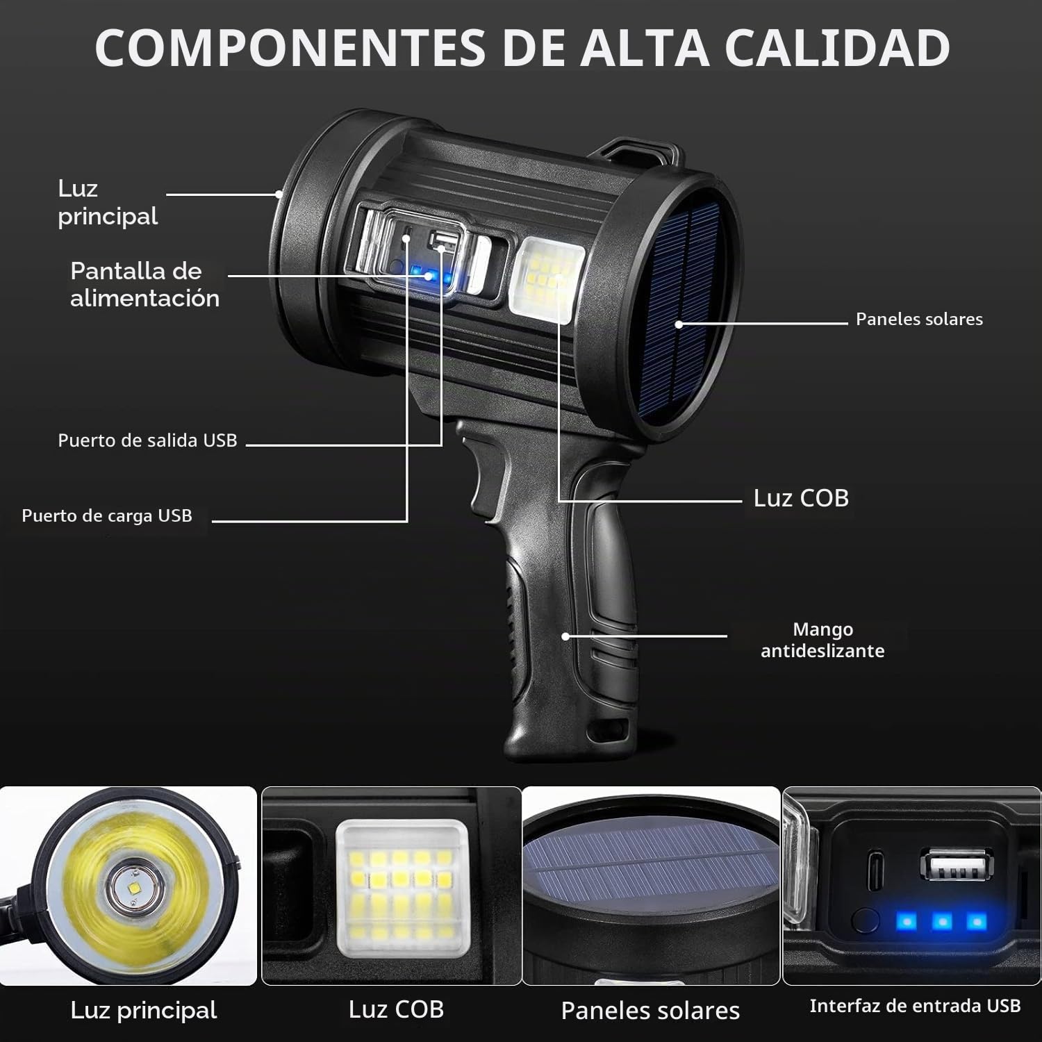 MIXILIN Foco recargable, 2.000.000 lúmenes, linterna de caza de mano, luz LED con luz de mazorca y paneles solares, foco ligero y súper brillante para caza, barco, camping