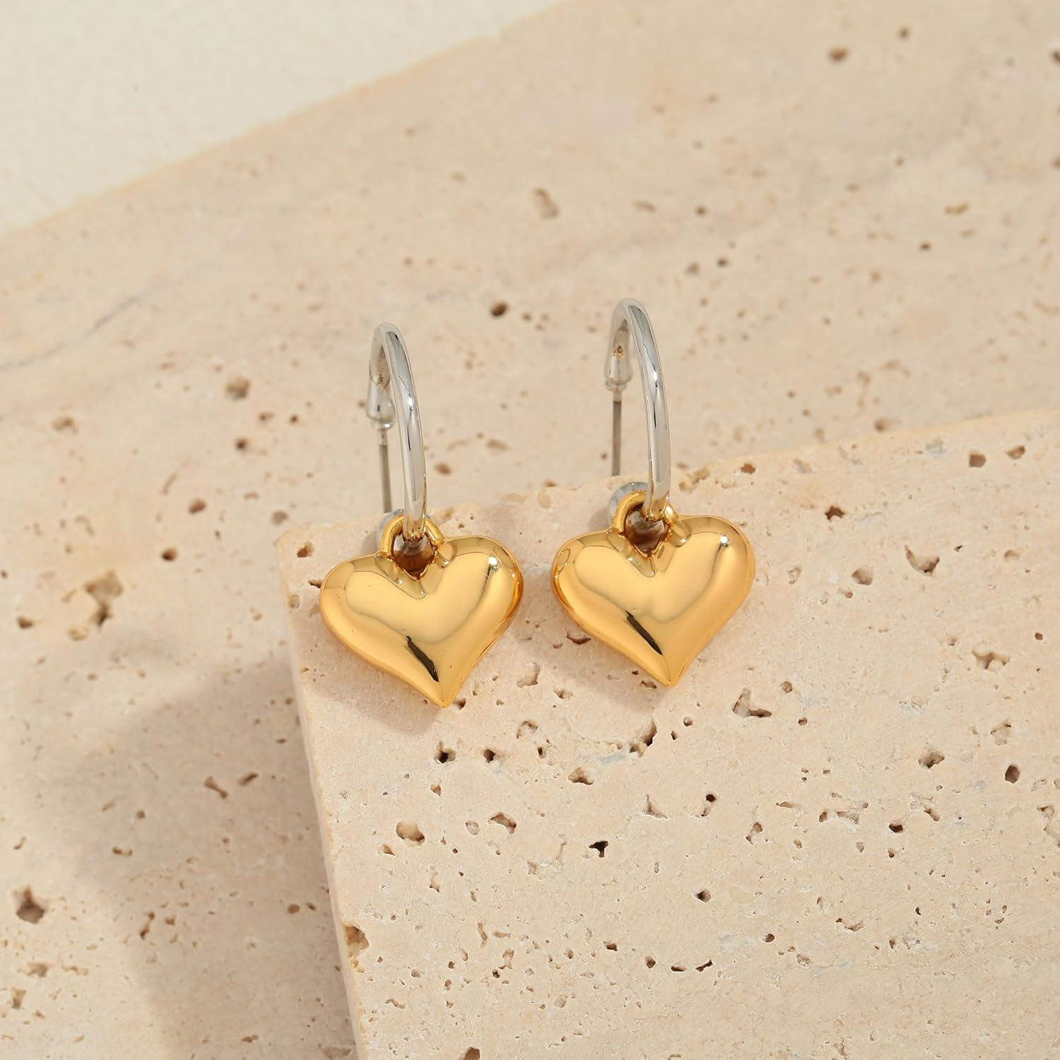 Two Tone Earrings for Women, Heart Geometric Dangle Earrings Gold and Silver Drop Hoop Earring for Everyday Jewelry - Image 2