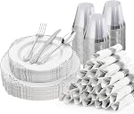 Goodluck 350PCS Plastic Dinnerware Set Clear Gold Plastic Plates for 50 Guests, Plastic Plates Set Includes 100 Clear Disposable Plates, 150 Gold Silverware, 50 Cups, 50 Napkins for Party, Wedding
