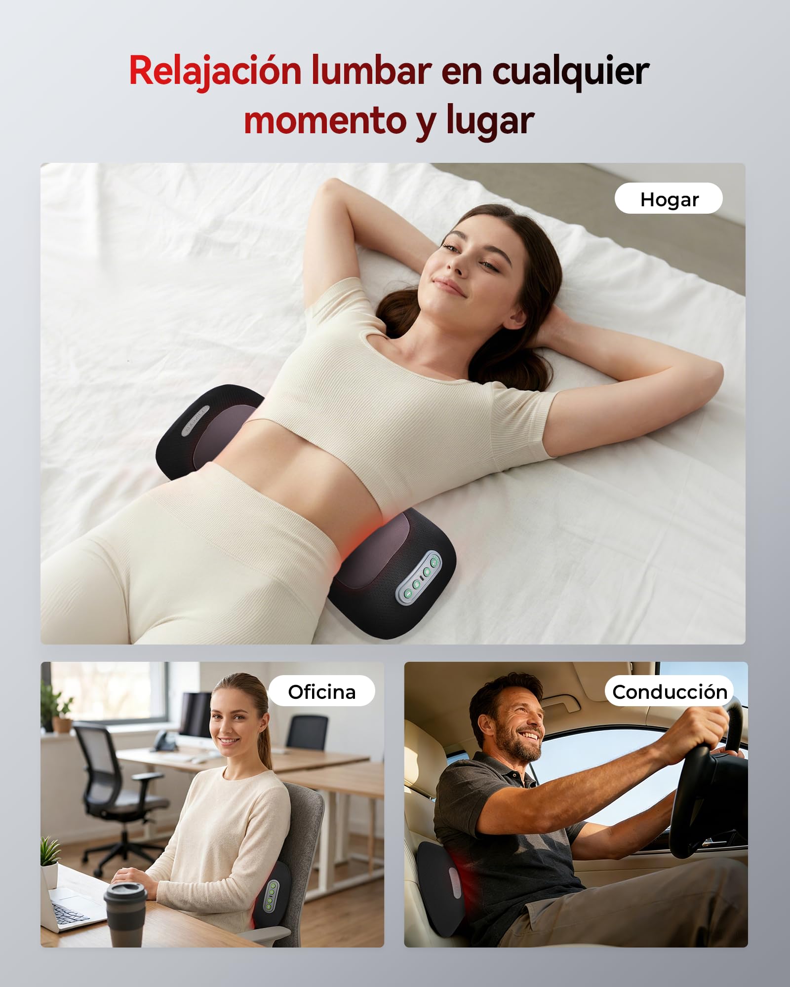 FliKEZE 4 en 1 Cojín de Masaje Lumbar con Luz Roja 5000mAh | Cojín de masaje inalámbrico y recargable con calor, vibración y soporte de aire para uso en casa, oficina y viaje