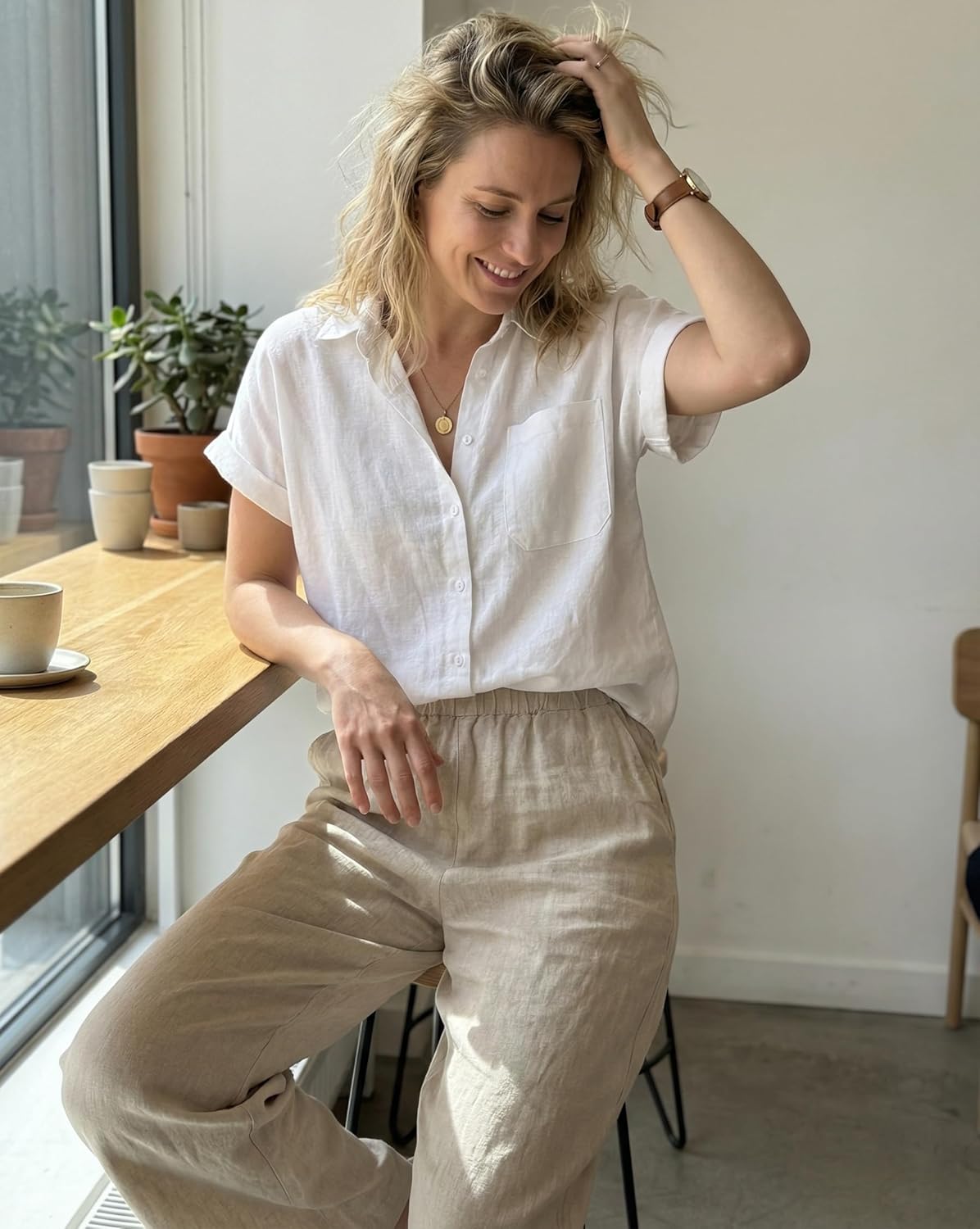 Beninos Women's Casual Loose Fitting Button Down Shirt Summer Short Sleeve Oversized Linen Shirt - Image 2