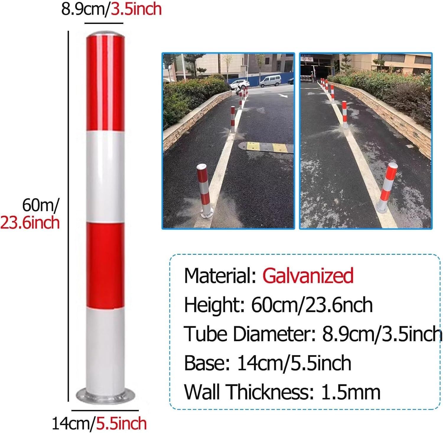 Bolardo de seguridad vial, poste delimitador, cono canalizador, poste de barrera de estacionamiento, poste de barrera industrial para construcción y accesos, con pernos de anclaje gratuitos (75 x 8,