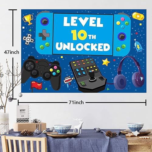 Miniatura 2 de Cartel de nivel 10 desbloqueado para cumpleaños número 10, telón de fondo, decoración temática de videojuegos, decoración para niños y niñas,