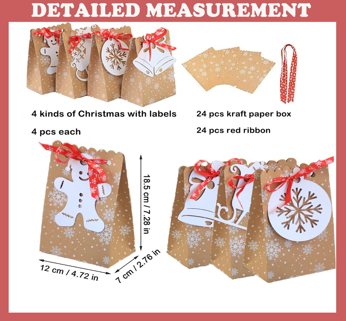 Lot De 24 Boîtes Cadeaux En Papier Kraft Pour Noël - 6 Motifs Différents (Père Noël, Bonhomme De Neige...) - Taille 14x9,4x6 Cm - Pour Bonbons, Chocolats, Petits Cadeaux