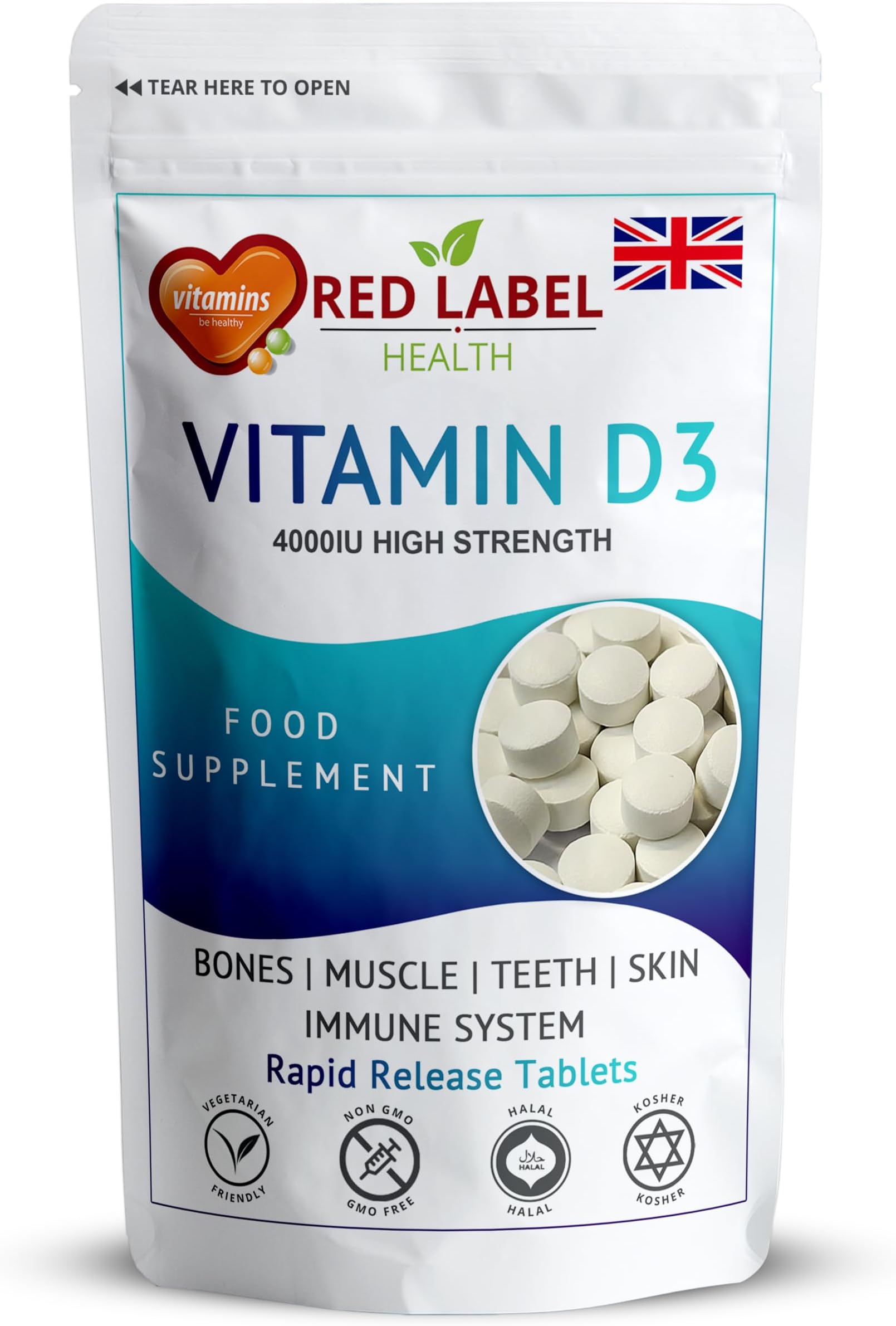 Vitamin D3 4000 IU, Pack of 30 Vitamin D Tablets (1 Month Supply), Healthy Teeth & Bones, Supports Immune System, High Strength Vitamin D Supplement for Men & Women, UK-Made