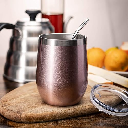 Miniatura 5 de COMOOO Vaso de vino de acero inoxidable de color oro rosa a granel con tapa y pajita, 12 onzas, vaso de viaje con aislamiento al vacío de doble