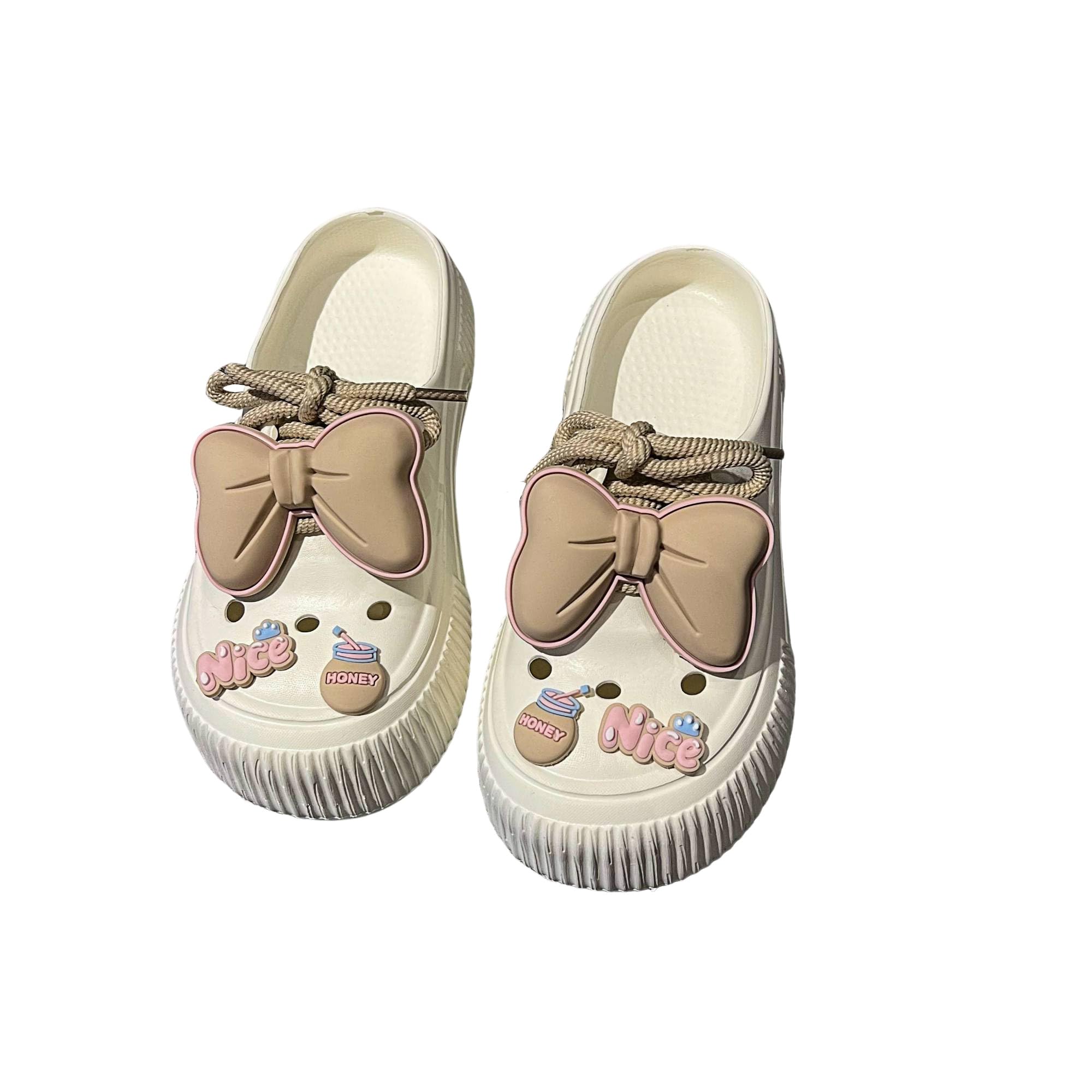Women's Platform Slide Sandals with Bow and Flower Charms, Cavernous Upper
