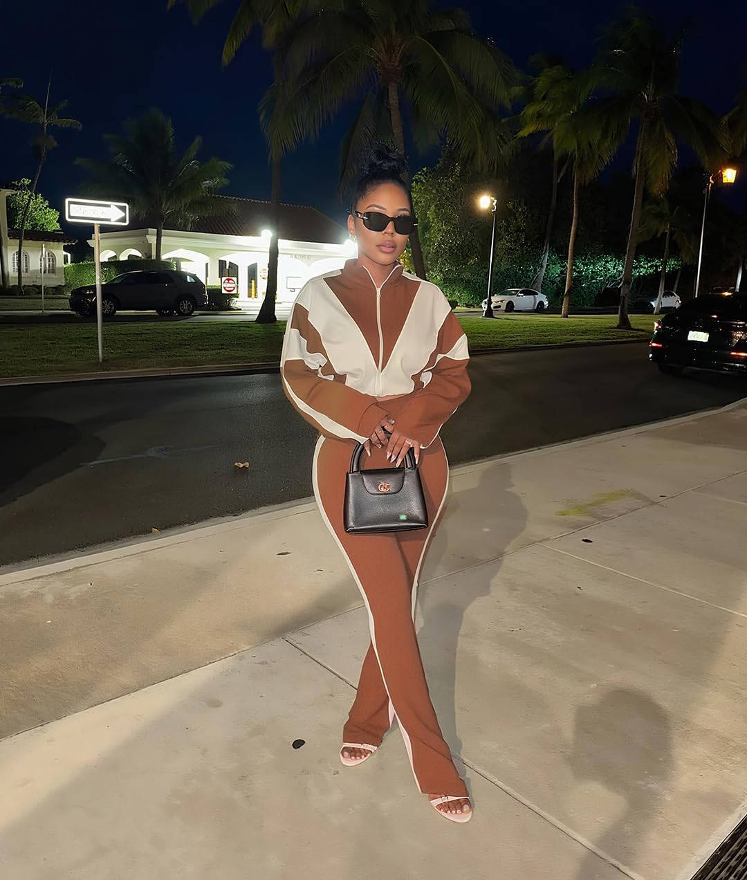 Women 2 Piece Outfit Long Sleeve Zip Up Crop Jacket High Waist Stretchy Pants - Image 5