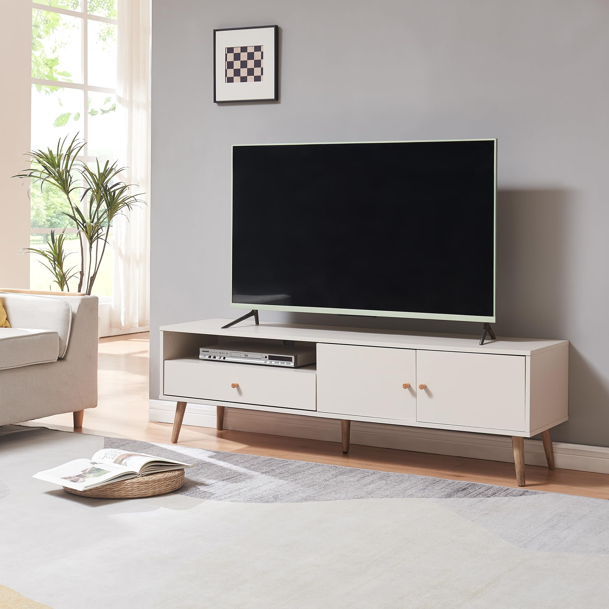 [en.casa] Mobile Porta TV con Cassetto Scomparto Aperto Vano Chiuso 2 Ante Mobile Basso di Archiviazione Stand Centro Multimediale per Soggiorno Salotto 150x39x45 cm - Grigio chiaro