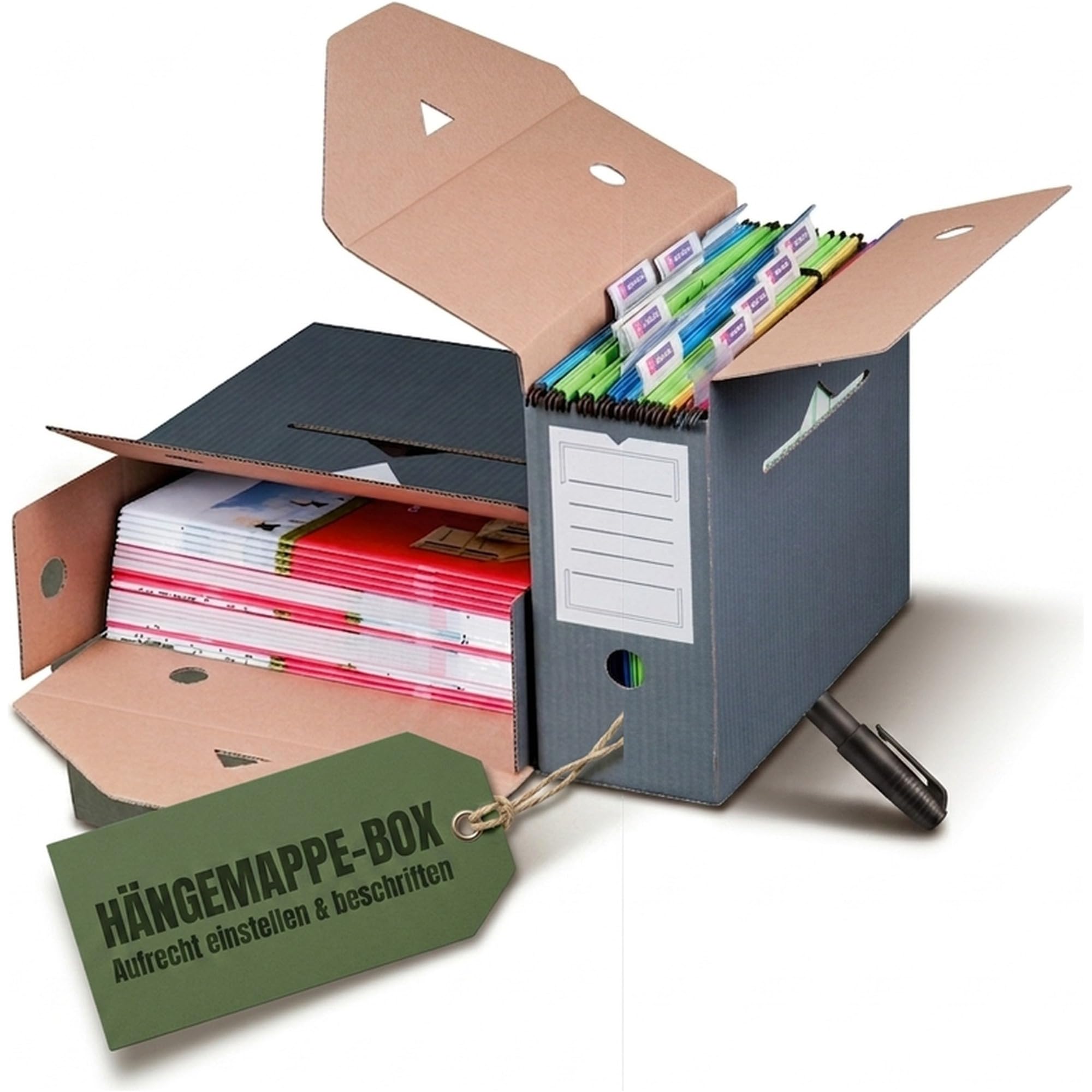 KK Verpackungen Archivboxen für Hängemappen | 100 Stück, 330x120x265mm | Wiederverschließbare Archivschachteln mit Beschriftungsfeldern | Archivkartons mit Grifflöchern, 12cm Rückenbreite