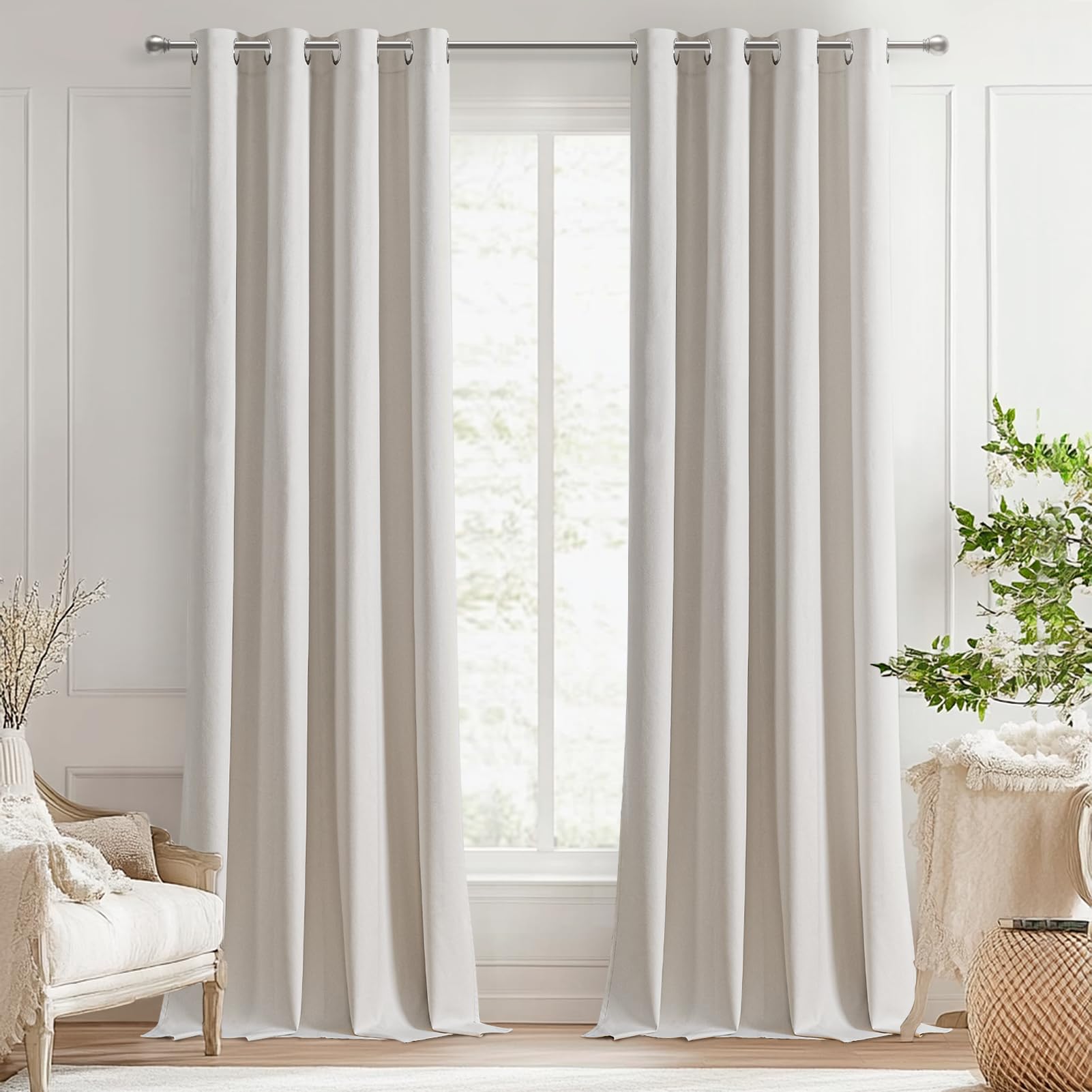 MRTREES 100% Cortina Opaca Termica Aislante Frio y Calor, Cortinas Lino Anti Luz con Ojales Cortinas Opacas Termicas para Dormitorio Juvenil Habitacion Salon Modernas 2 Piezas, 132x245 cm, Natural