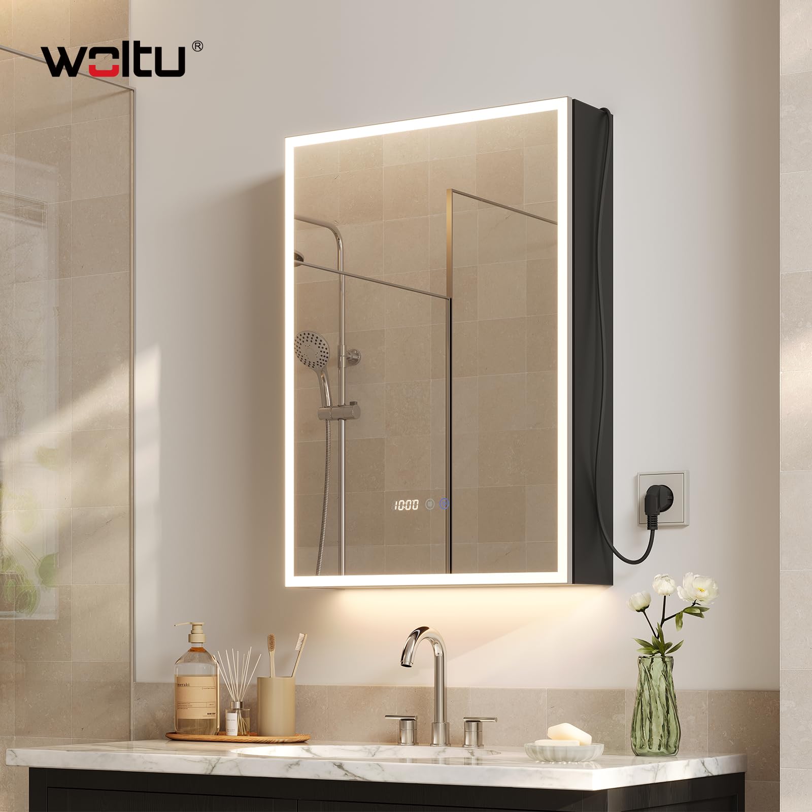 WOLTU Espejo de Baño con LED, Espejo con Espacio de Almacenamiento, Función Antivaho, Estantes Ajustables, Lupa de Aumento 3×, 1 Puerto USB, 1 Puerto Type-C, 2 Enchufes, 14,5×50×70 cm, Negro