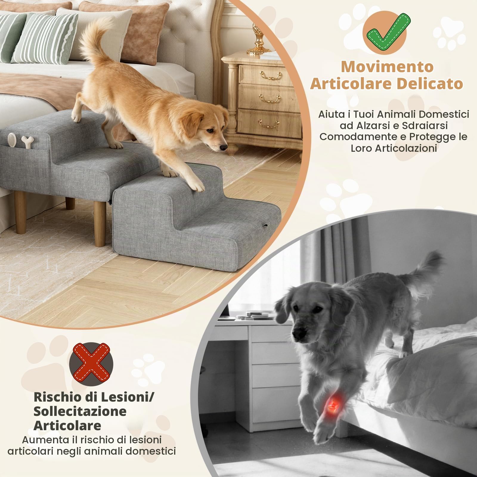 Scaletta per Cani, 2-in-1 Scaletta per Cani Letto Pieghevole, Altezza 4 Gradini, Scala Cane Piccoli e Gatti per Salire su Letto e Divano, Antiscivolo Rampa per Canis, 35/45cm, Grigio
