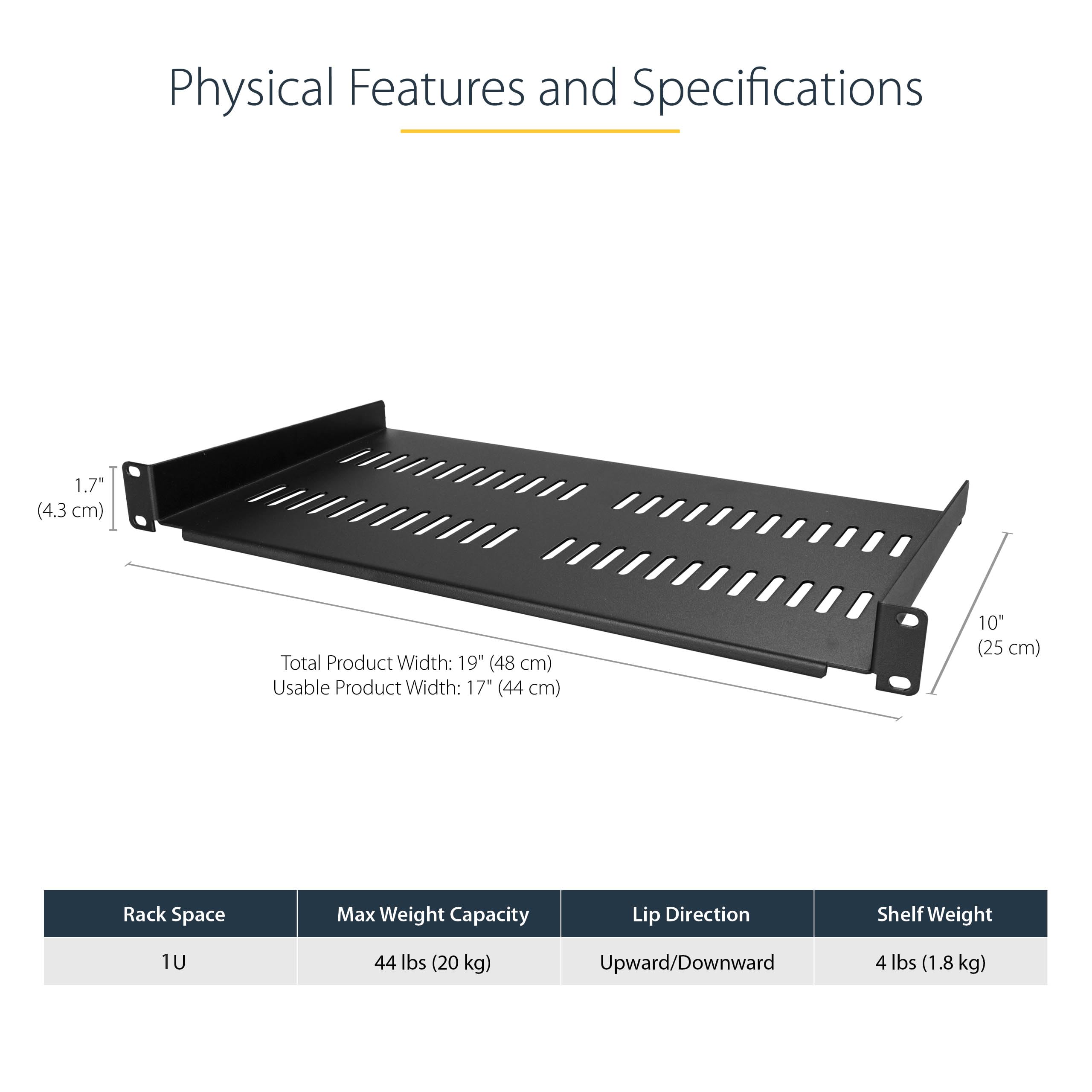 StarTech 2 Ripiani Rack 1U Ventilati 19", 20kg, 25cm (CABSHELFV1U-2PK) | Acciaio Resistente, Griglia di Ventilazione per Dissipazione del Calore, Compatibile con Armadi di Rete, Set da 2 Pezzi