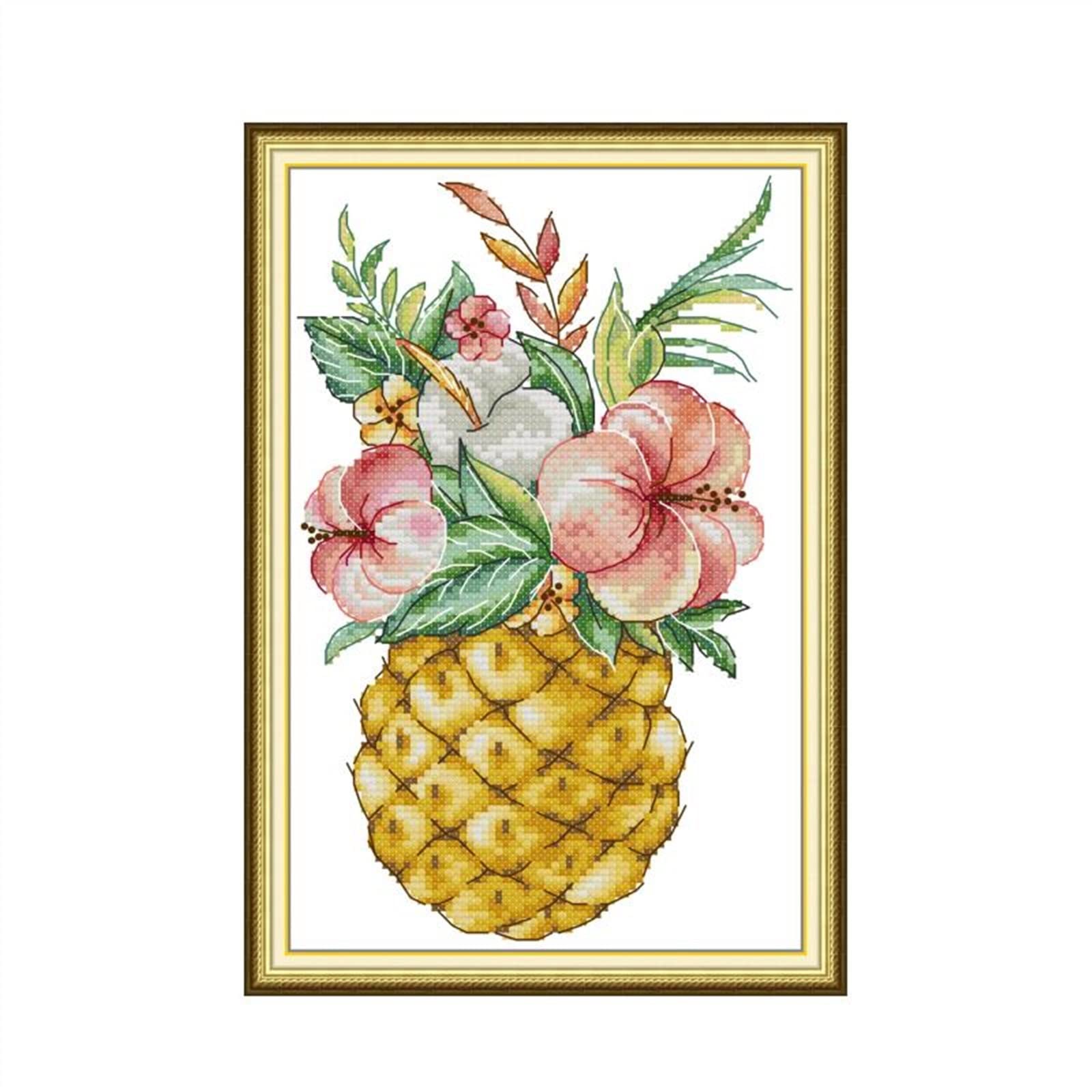 Kit Point de Croix Ananas et Fleurs Toile 14ct à Broder Soi-Même