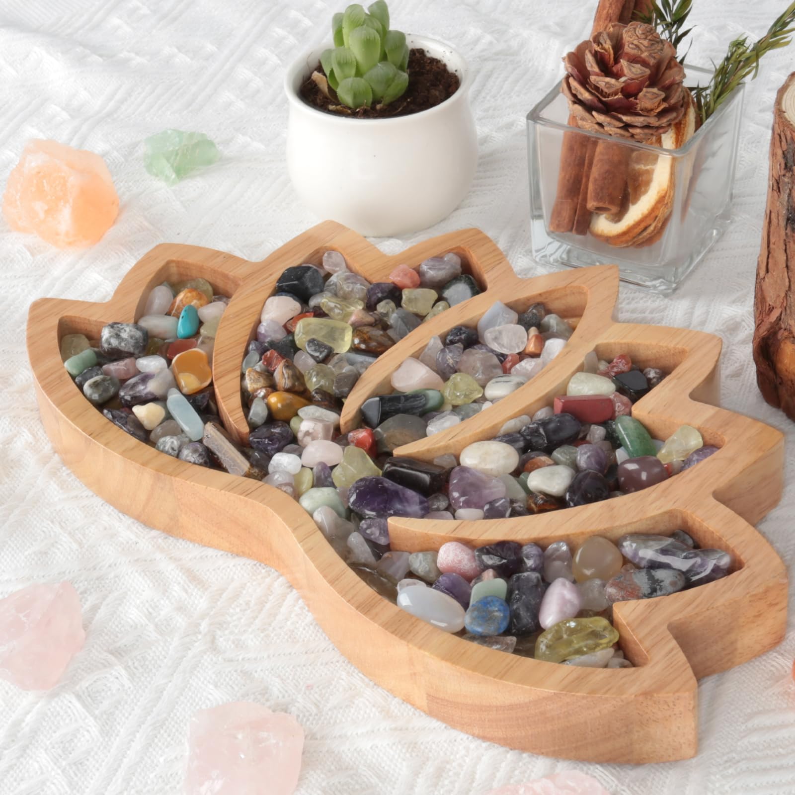 vassoio espositore in legno per pietre a forma di loto (per gioielli, cristalli, minerali)