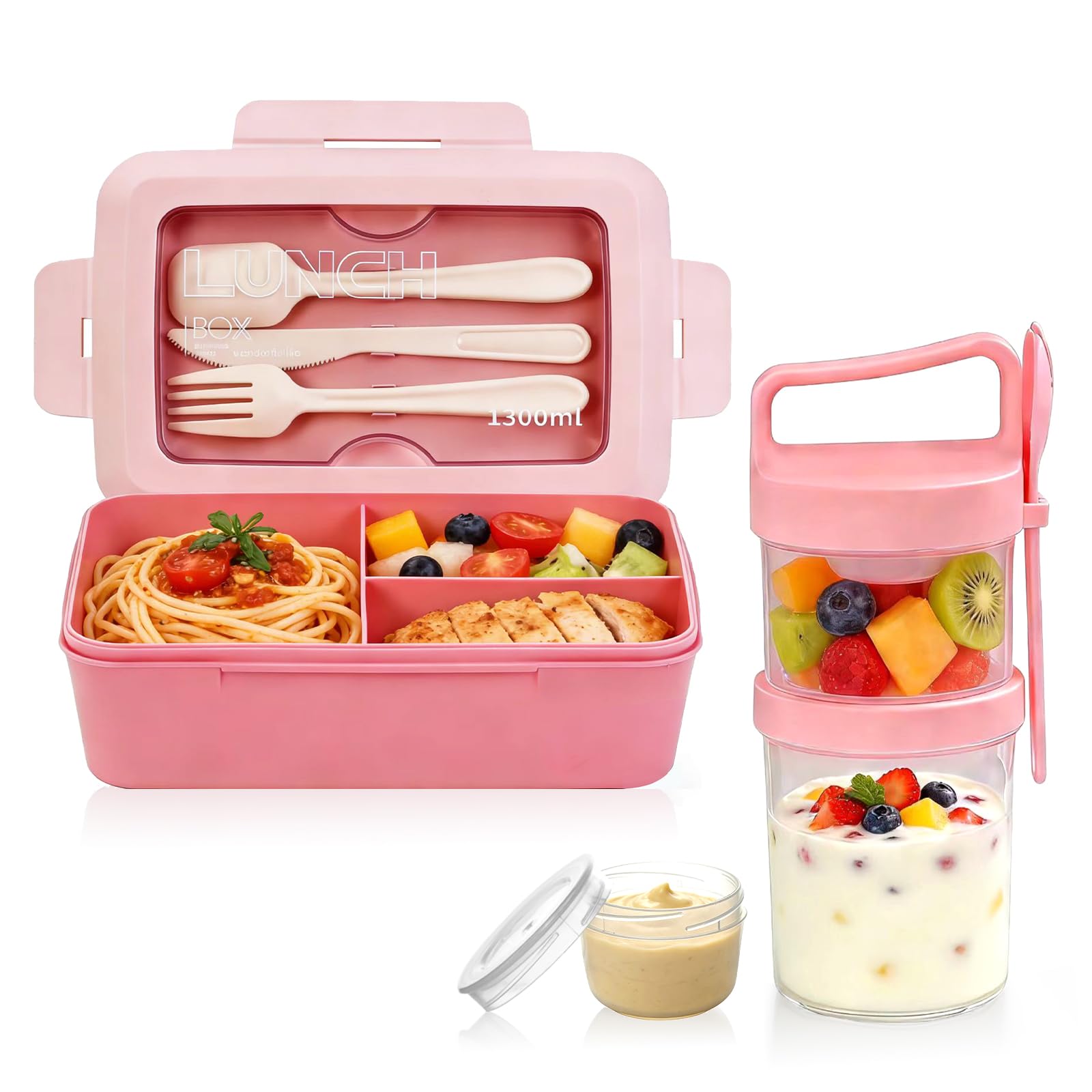 Mulaibdin Lunch Box, Leakproof Bento Lunch Box Adults, Microwavable Lunchbox with Cutlery, Breakfast Yogurt Cereal Cup, 1300ml Packed Lunch Containers for Work,Picnic (Pink)