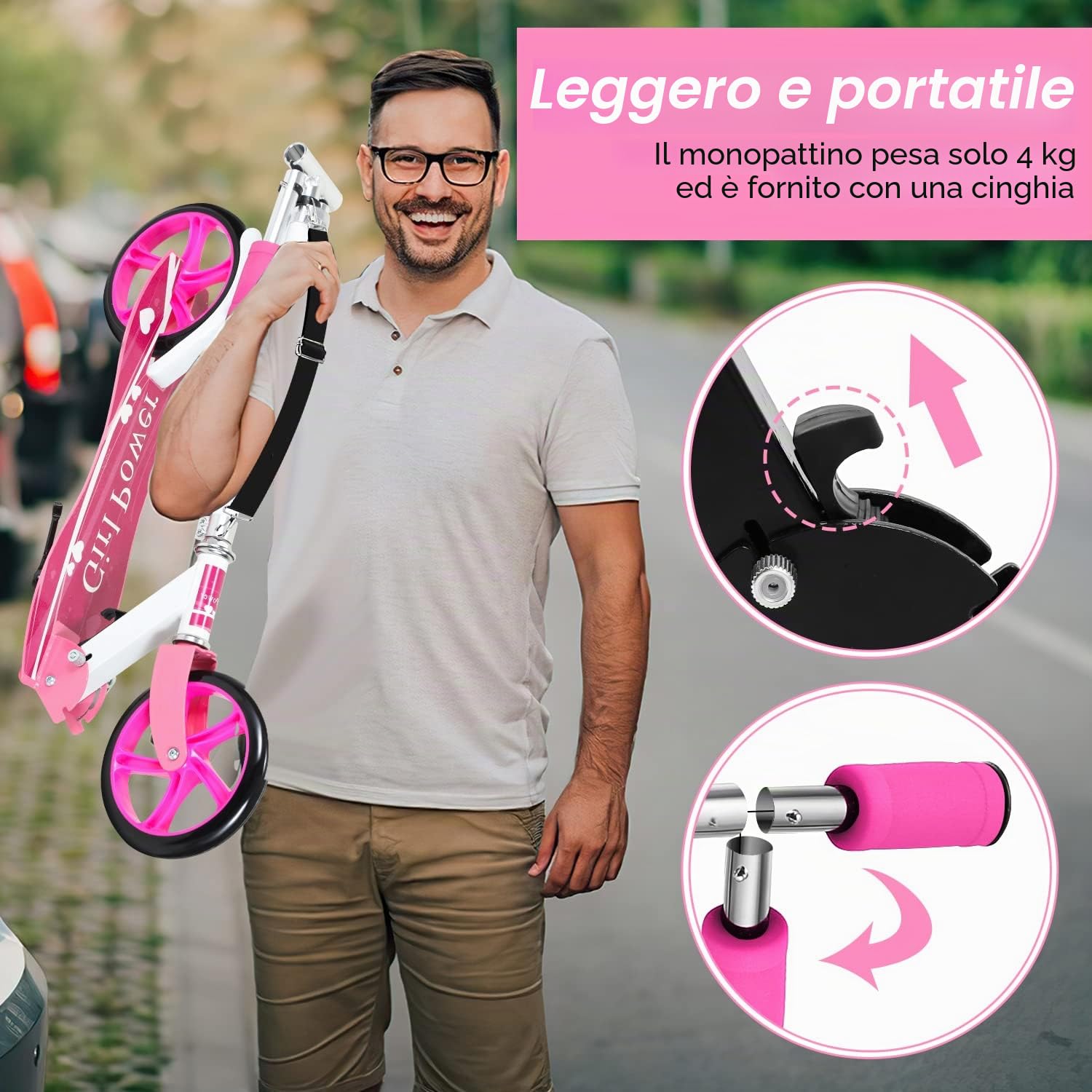 Monopattino per bambini, regolabile in altezza per 5 anni, monopattino per bambini con ruote da 190 cm, pieghevole con tracolla