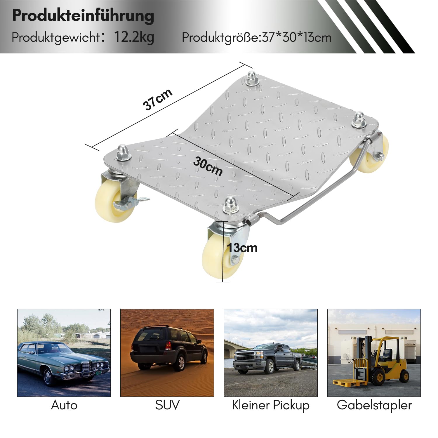 2 Stück Rangierhilfe, Rangierhilfe pkw bis 500kg pro Plattform, Mobile Reifenplattform 41x30x13cm mit 360° drehbare Rollen, Geeignet für Autos, Motorräder, Traktoren, Silber