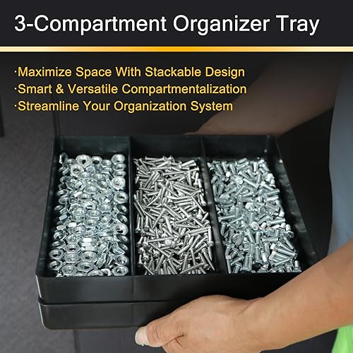 Miniatura 5 de Bandeja organizadora de plástico de 3 compartimentos, bandeja de herramientas apilable resistente con base antideslizante, para taller, garaje,