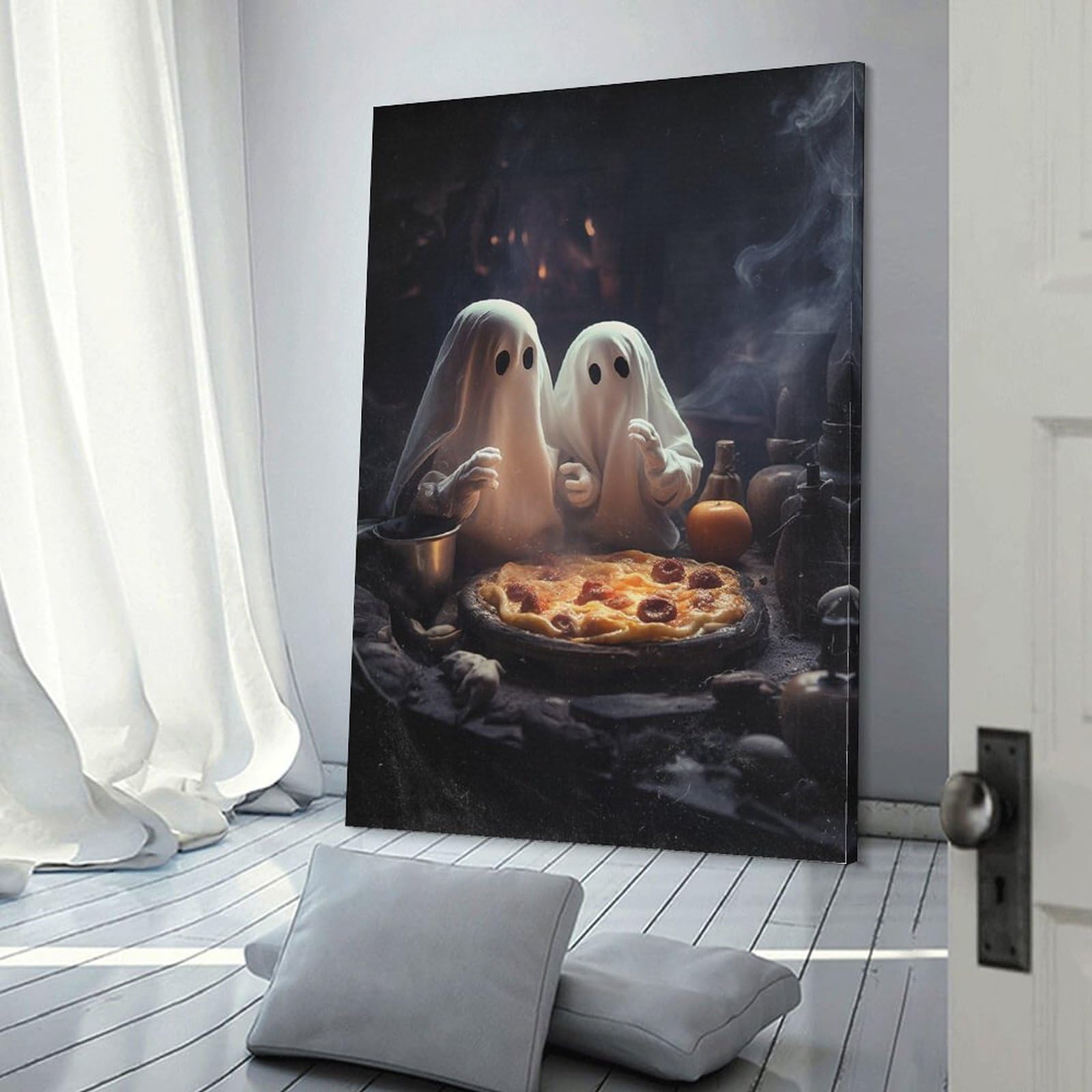 LohxA Ghost Eating Pizza Poster, Dark Romantic Ghost Couple in