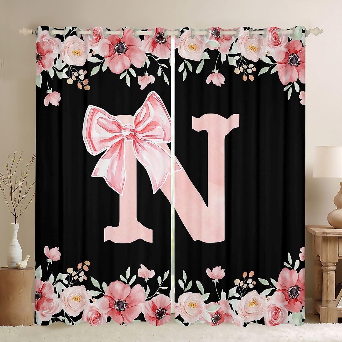 Rideau occultant Homewish bloquant la lumière avec motif nœud rose floral N
