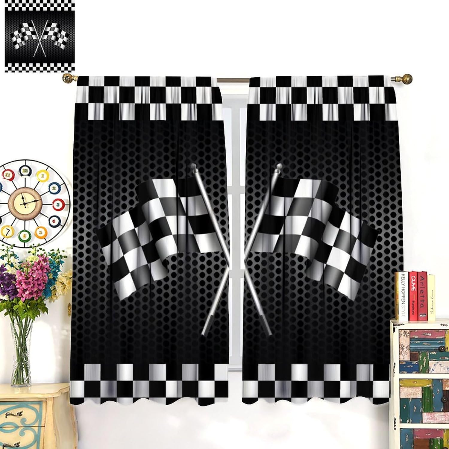 Racing Flag Curtains, Black and White Checkered Flags Racing Car Game Print Blackout Window Curtains Treatments for Kids Boys Teens Bedroom Living Room, 42" W X 45" L