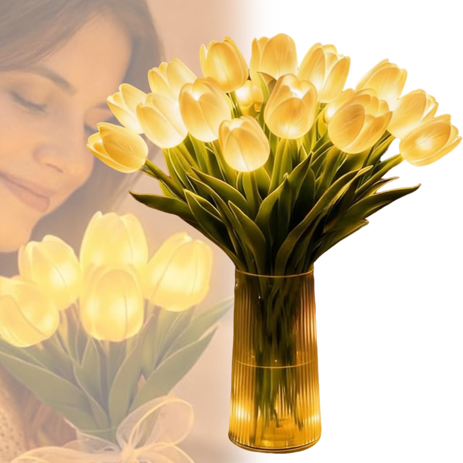 10/15/20 PCS Radiant Romantic Tulip Light with Vase, Never Fade Twinkling Tulips Tree, LED Artificial Flowers Ambient Night Lamp, Gentle Lighting for Bedroom Bedside Decor and Gift (White*10PCS)
