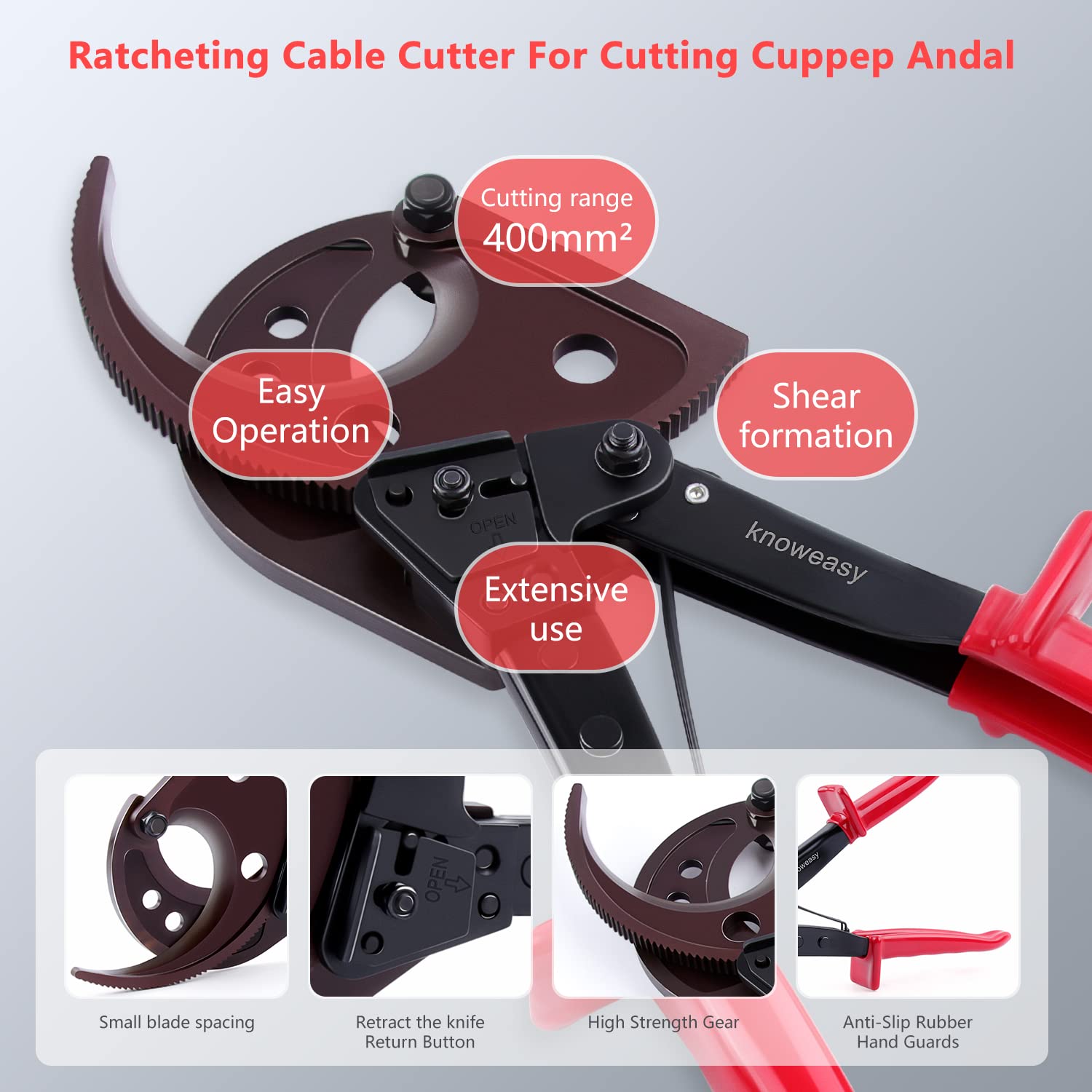 Knoweasy - Cortador de cables de trinquete para cables de aluminio y múltiples núcleos de hasta 400 mm²
