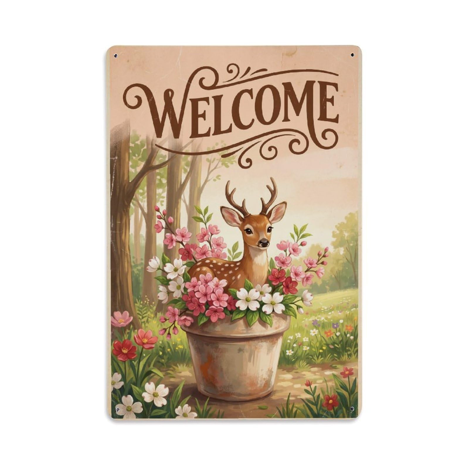 Cxhjca 8X12inch(20X30cm) Vintage Welcome Deer Cheerful Greetings Metal Tin Sign