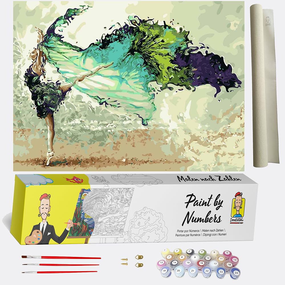 Pintar por numeros Adultos Bailarina verde – Cuadros para Pintar por números con Pinceles y Colores Brillantes – Lienzos para pintar con dibujo – Sin Marco - Kit de pintura por números para adultos
