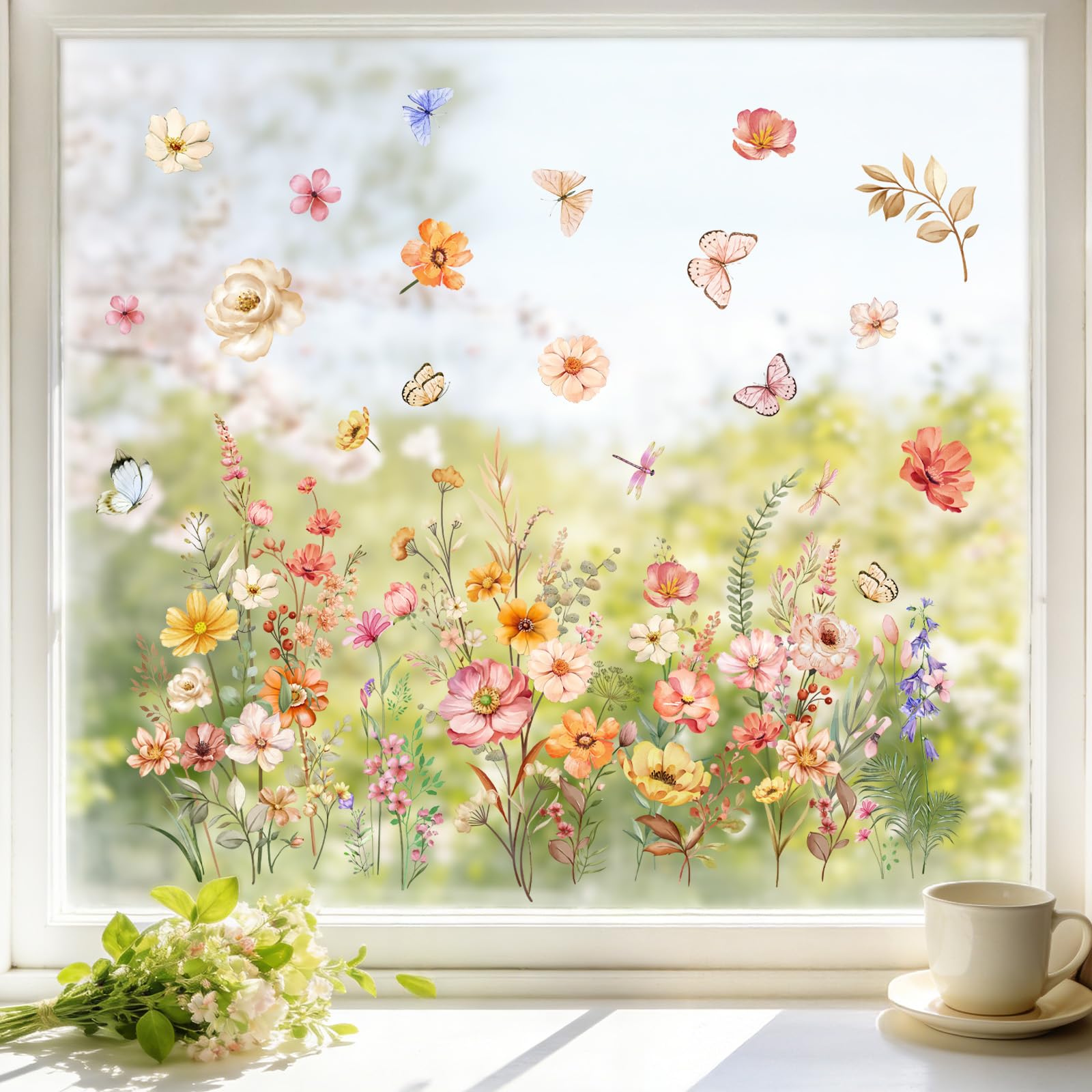Walluree Spring Summer Window Stickers Wild Flower Glass Cling Decals