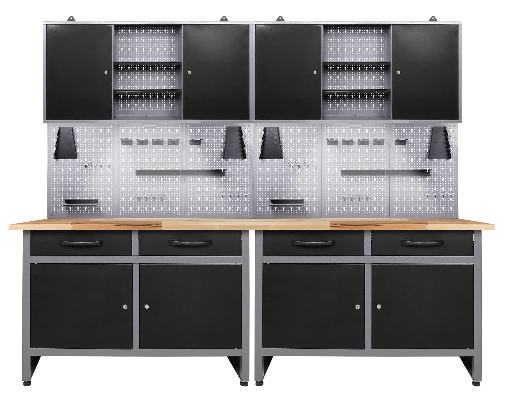 Ondis24 Werkstatteinrichtung 6-teilig Werkbank Werkzeugschrank Werkzeugwand/Lochwand mit Haken + 2X LED Lampe