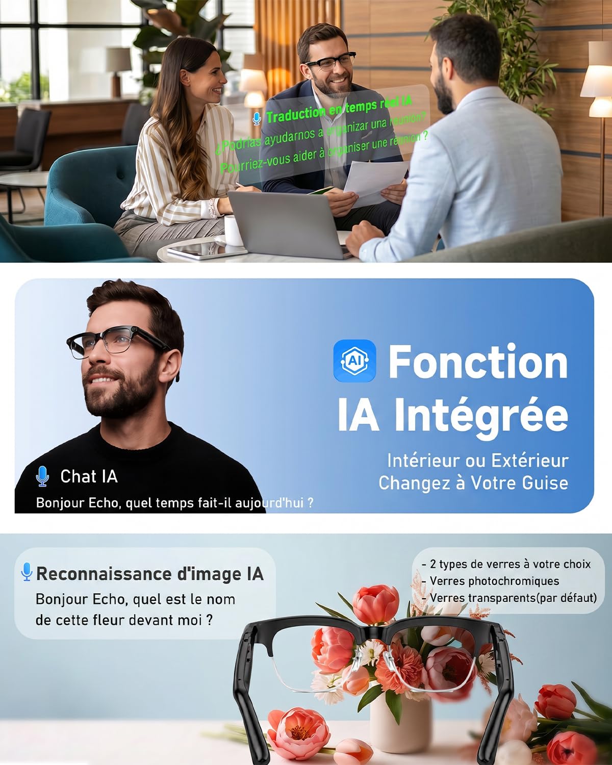 TOOBUR Lunettes connectées AI avec Appareil Photo 8MP, vidéo HD 1080P Anti-Flou, Traduction en Temps réel & Assistant Vocal, appels Bluetooth & Audio à Oreille Ouverte pour vlog, Voyage & réunions