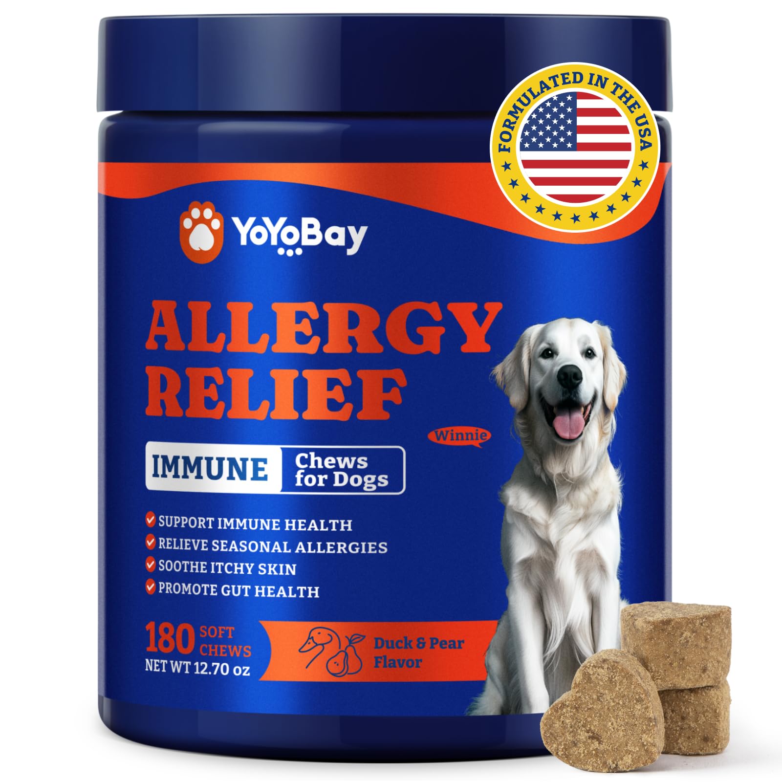 Dog Allergy Relief Chews – 180 Soft Chews, Duck & Pear Flavor - Immune Support & Itch Relief with Colostrum, Astragalus Root, 6-Strain Gut Health Blend