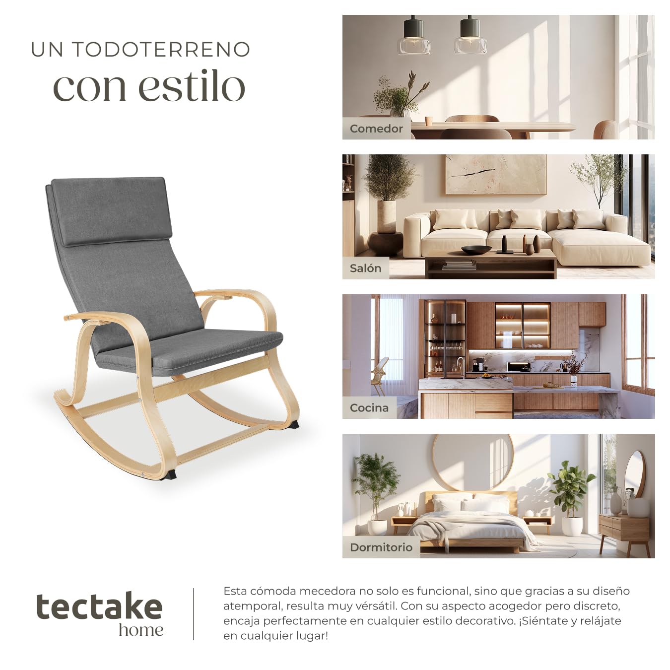 tectake® Mecedora Roca de Madera de Abedul 150kg, Silla Mecedora, Oscilante, Sillón Ergonómico para Balanceo - Gris Claro