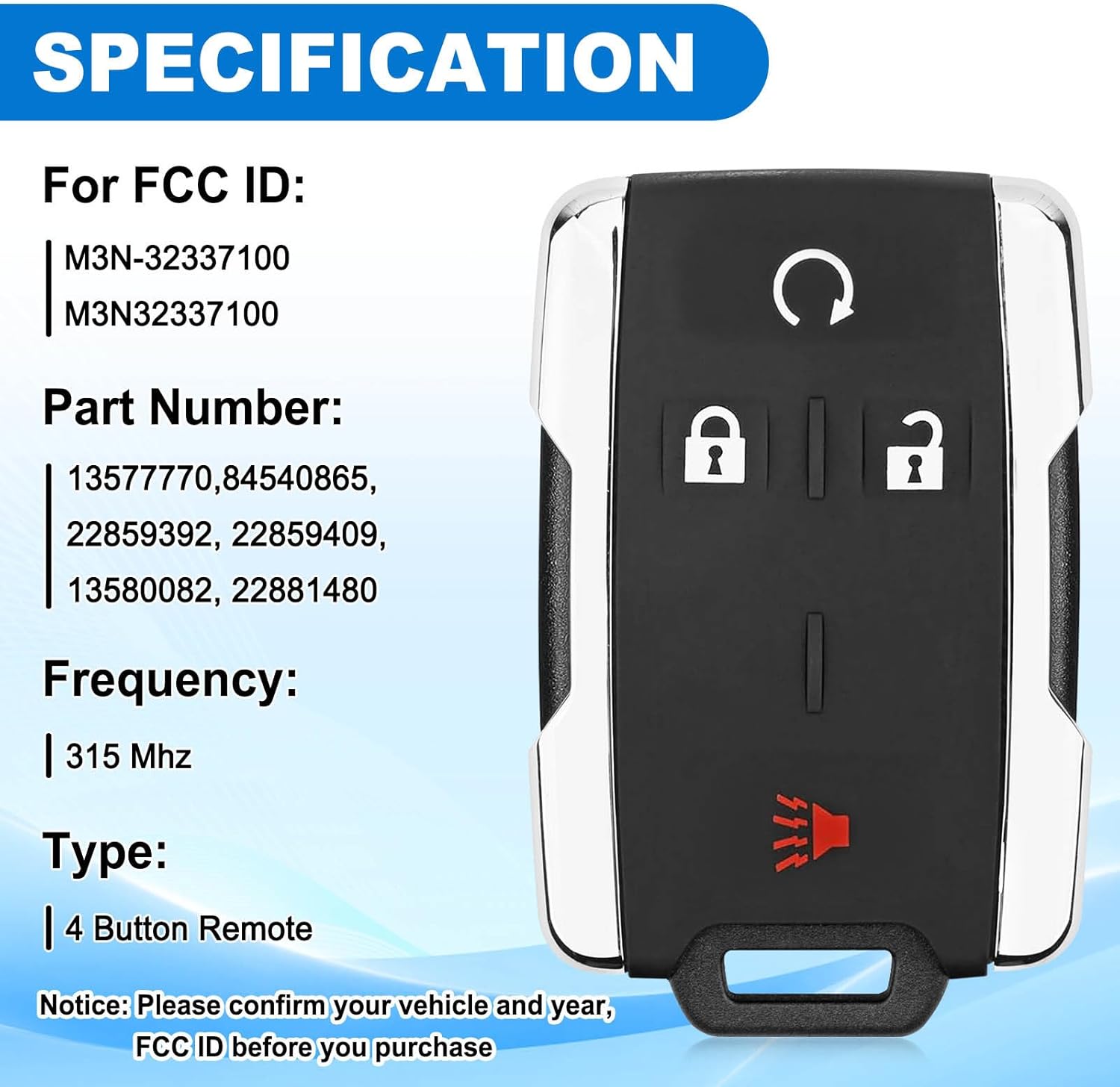 Key Fob Replacement for Chevrolet: 2 Pack Keyless Entry Remote for 2014-2020 Chevy Silverado Colorado 1500 2500 3500, 2015-2021 GMC Sierra 1500 2500 3500 GMC Canyon, M3N32337100, 315MHz