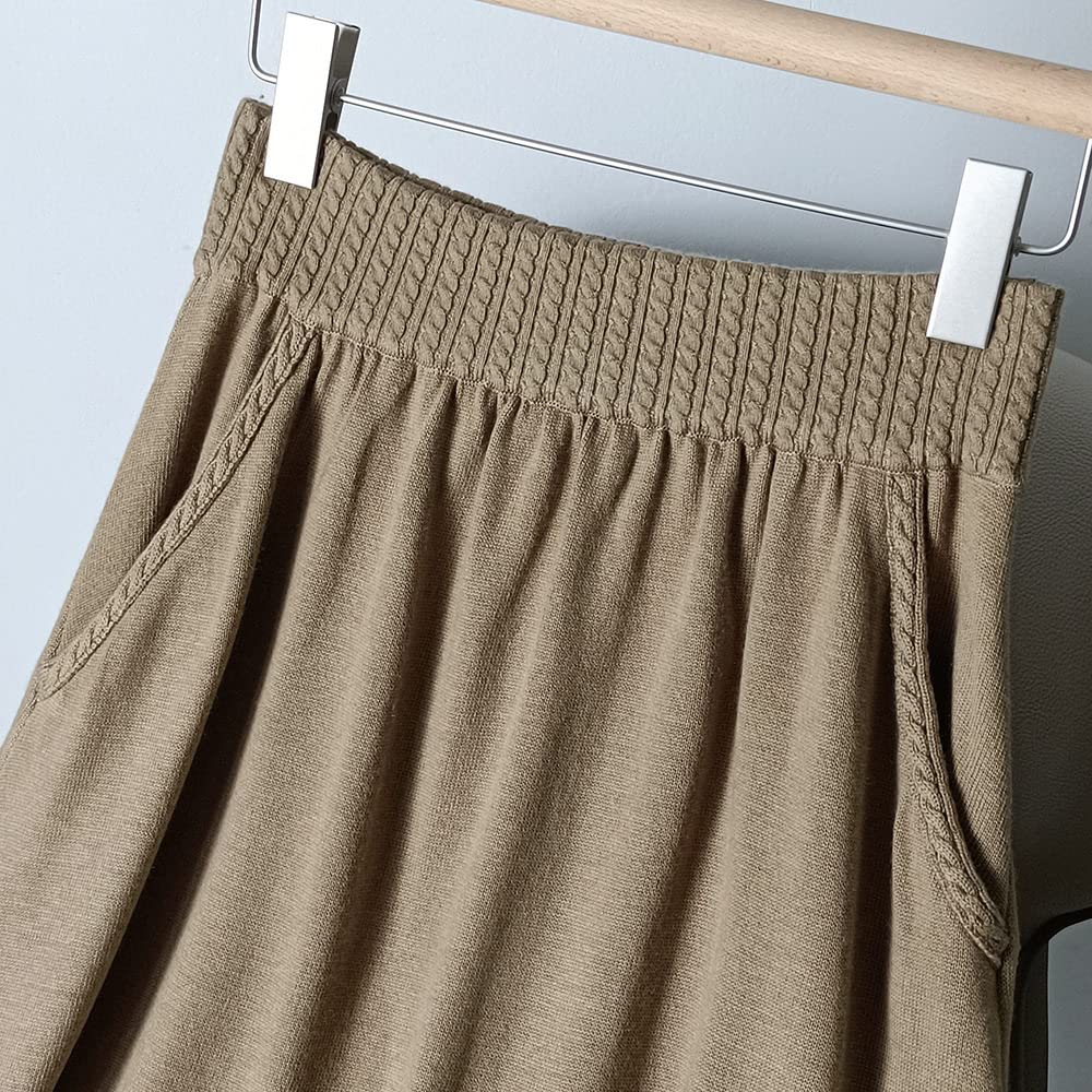 Röcke Damen,Damen-Midirock Hellbraun Elastischer, Gestrickter Faltenrock Mit Hoher Taille Und Tasche, A-Linie, Schaukel, Gerüscht, Lässig, Herbst, Winter, Lange Röcke Für Mädchen, Damen