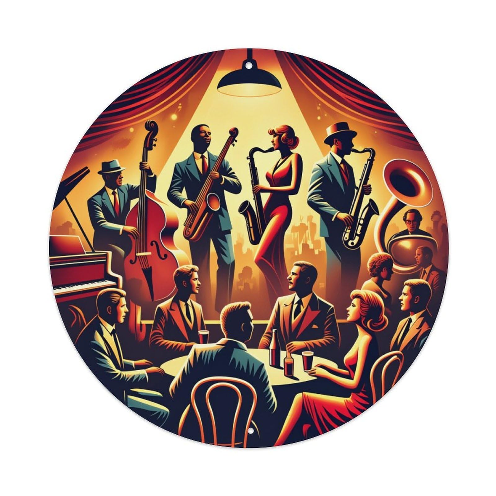 Jazz Band Performance Scene Round Tin Sign Vintage Metal Poster, Home Bar Garage Man Cave Cafe Indoor & Outdoor Wall Decoration 8x8Inches
