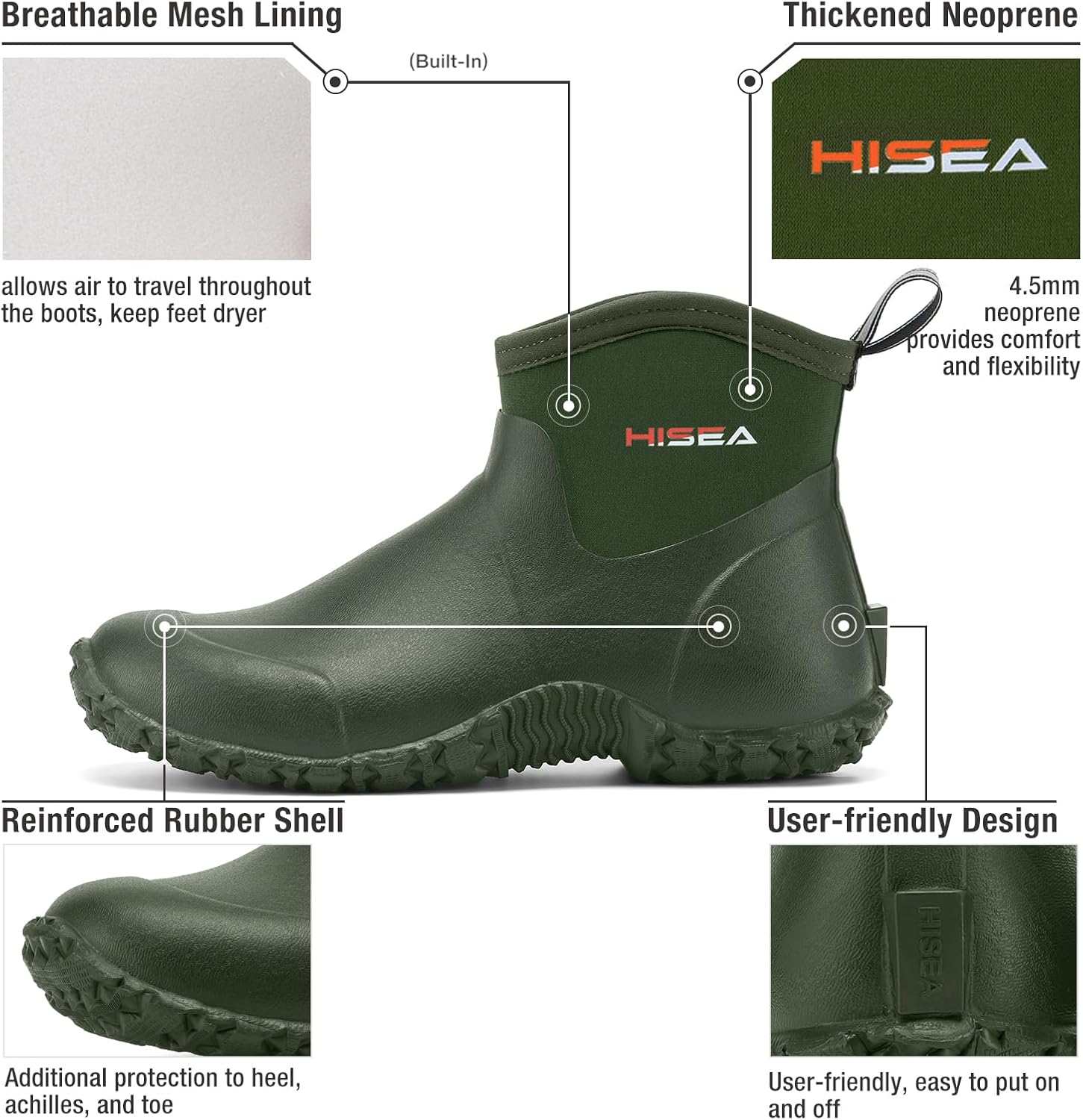 HISEA Men's Rain Boots, Ankle Height Garden Shoes Waterproof Insulated Rubber Neoprene Mud Boots Anti-Slip Outdoor Work Booties for Gardening Farming Camping Fishing and Yard Working - Image 3