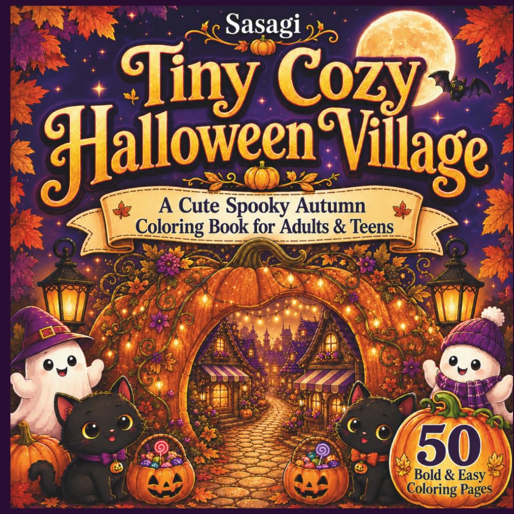 Tiny Cozy Halloween Village: A Cute Spooky Autumn Coloring Book for Adults & Teens