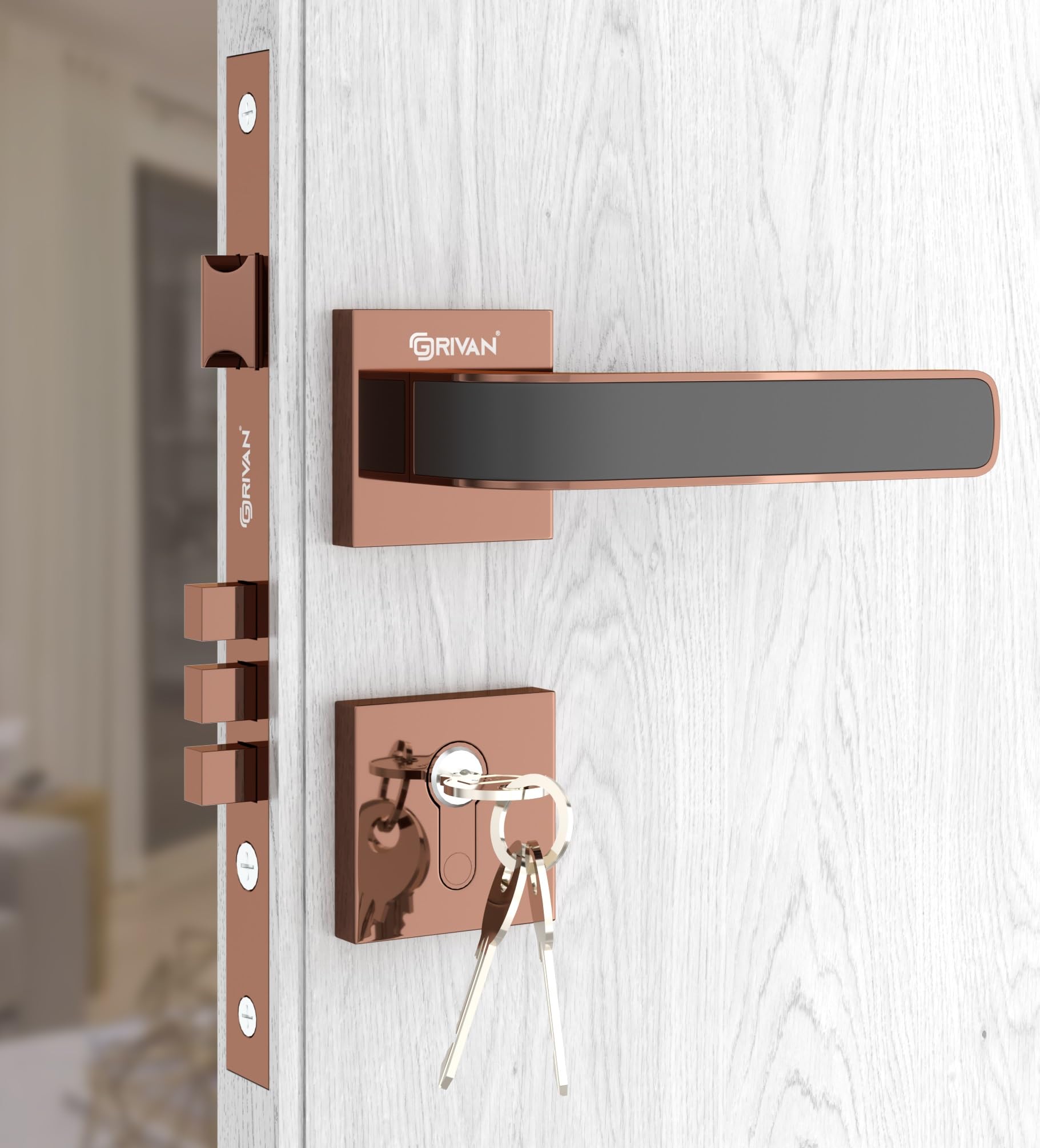 GRIVAN Premium Heavy Duty Door Locks for Main Door, Mortise Door Lock Set with 3 Brass Keys, Bedroom Door Lock, Handle Lock for Home/Office/Hotel (Rose Gold, Black Finish) | 2 Years Warranty (B0CZDW89GG) Amazon Price History, Amazon Price Tracker
