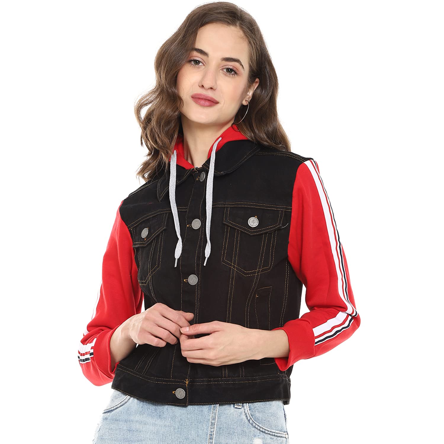 pinacolada Women’s Black Denim Cotton Jacket Regular Fit For Casual Wear | Collar With Hoodie | Red Sweatshirt Sleeves | Jacket Crafted With Comfort Fit & High Performance For Everyday Wear-picture-17