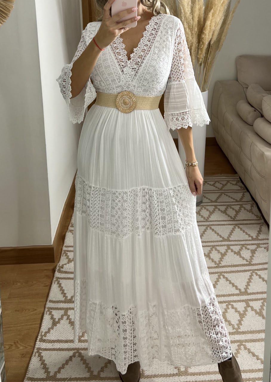 Vestido largo de encaje para mujer con cuello en V, mangas acampanadas 3/4, blanco, vestido bohemio de encaje, vestido bohemio