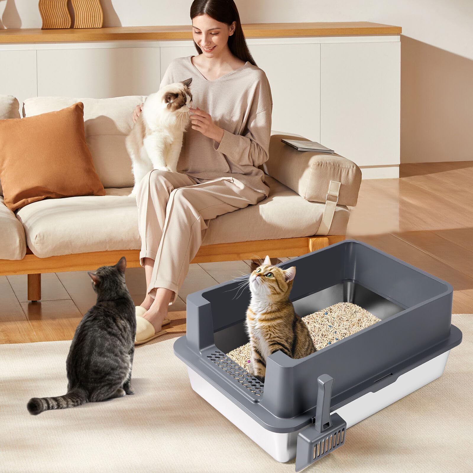 Katzenklo aus Edelstahl, XXXL Katzentoilette Metall mit hohem Rand und Schaufel, auslaufsicher, leicht zu reinigen, für große und mehrere Katzen (Dunkelgrau)